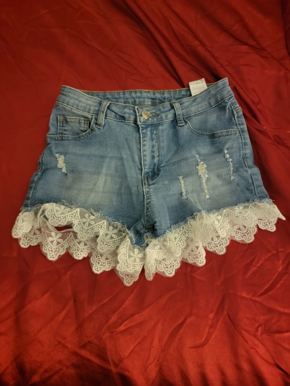 SHEIN Light Blue Distressed Denim Shorts with White Lace Trim